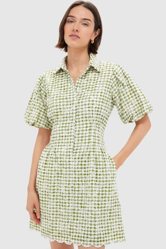 Mini dresses with cut - out details for a trendy look Embroidered Floral Green Gingham Mini Delaney Dress Mini dresses with cut - out details for a trendy look Embroidered Floral Green Gingham Mini Delaney Dress