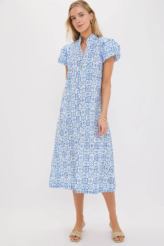 Mini dresses with belted waists for a defined silhouette Blue Medallion Puff Sleeve Button Midi Dress