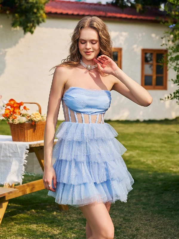 Mini dresses with tiered skirts for added volume Sweet Layer Corset Mesh A-line Homecoming Dress QM1006 Mini dresses with tiered skirts for added volume Sweet Layer Corset Mesh A-line Homecoming Dress QM1006