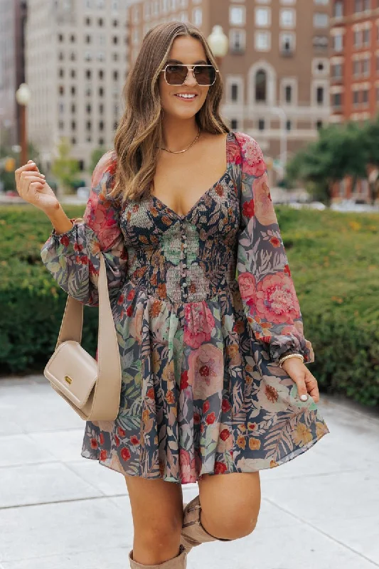 Sequined mini dresses for New Year's Eve Navy Floral Print Mini Dress - FINAL SALE