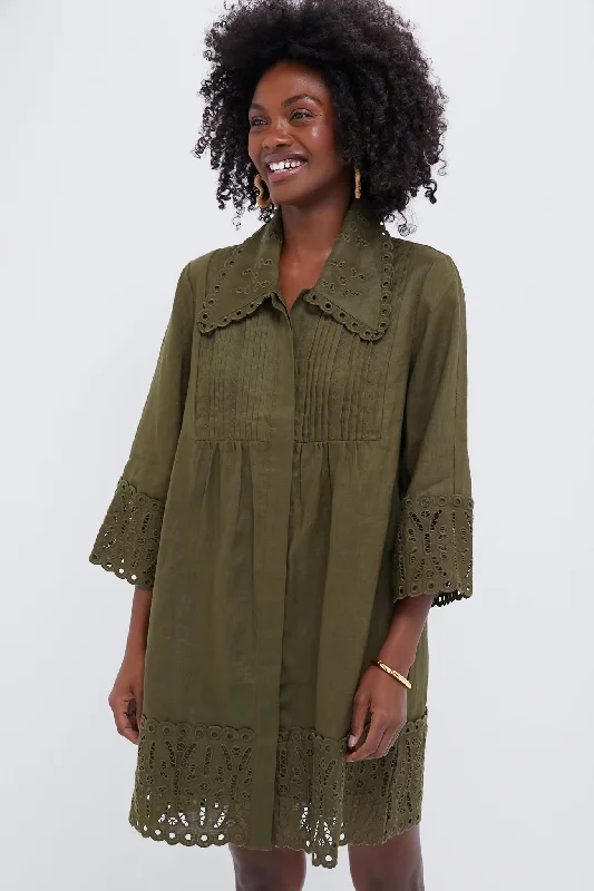 Mini dresses with pocket details for added functionality Army Green Linen Eyelet Delphine Dress Mini dresses with pocket details for added functionality Army Green Linen Eyelet Delphine Dress