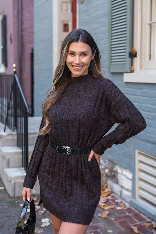 Mini dresses with cut - out details for a trendy look Brown Mock Neck Sweater Dress - FINAL SALE Mini dresses with cut - out details for a trendy look Brown Mock Neck Sweater Dress - FINAL SALE