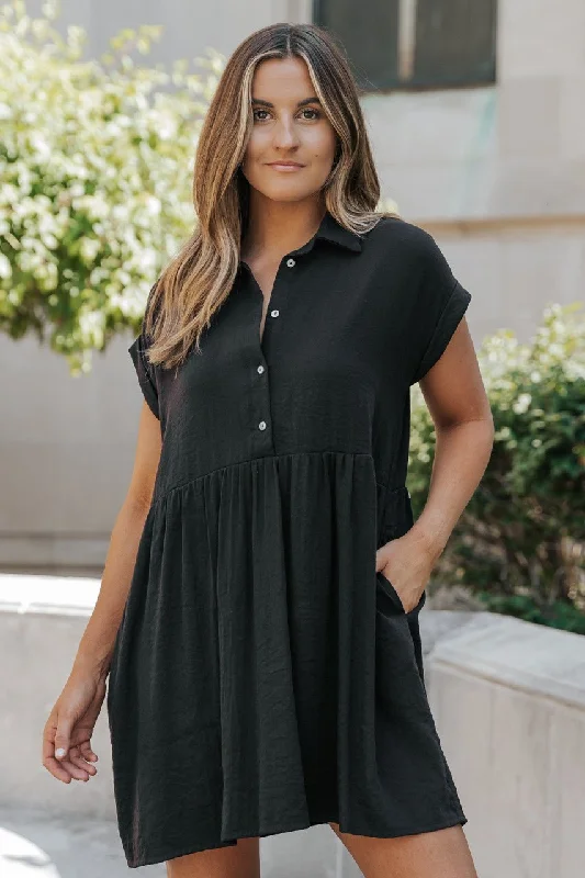 Denim mini dresses with distressed details Back To Summer Black Button Up Mini Dress Denim mini dresses with distressed details Back To Summer Black Button Up Mini Dress