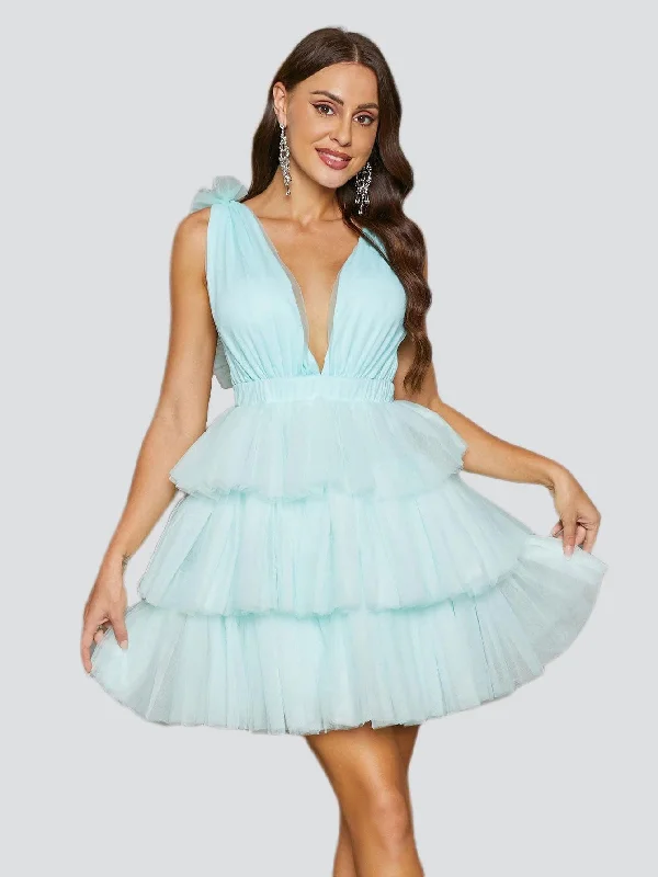 Mini dresses with criss - cross backs for a flirty look Sexy Tiered Mesh Green Skater Dress RJ11107