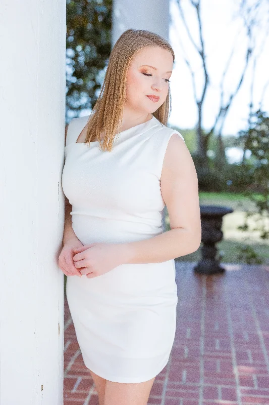 Leather mini dresses for a edgy style Sleeveless Asymmetrical Neck Knit White Mini Bridal Dress by She + Sky