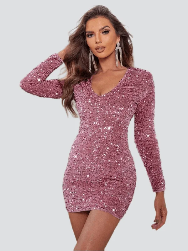 Ruffled mini dresses for a romantic touch Sequin Long Sleeve V-neck Mini Party Dress MCC1213 Ruffled mini dresses for a romantic touch Sequin Long Sleeve V-neck Mini Party Dress MCC1213