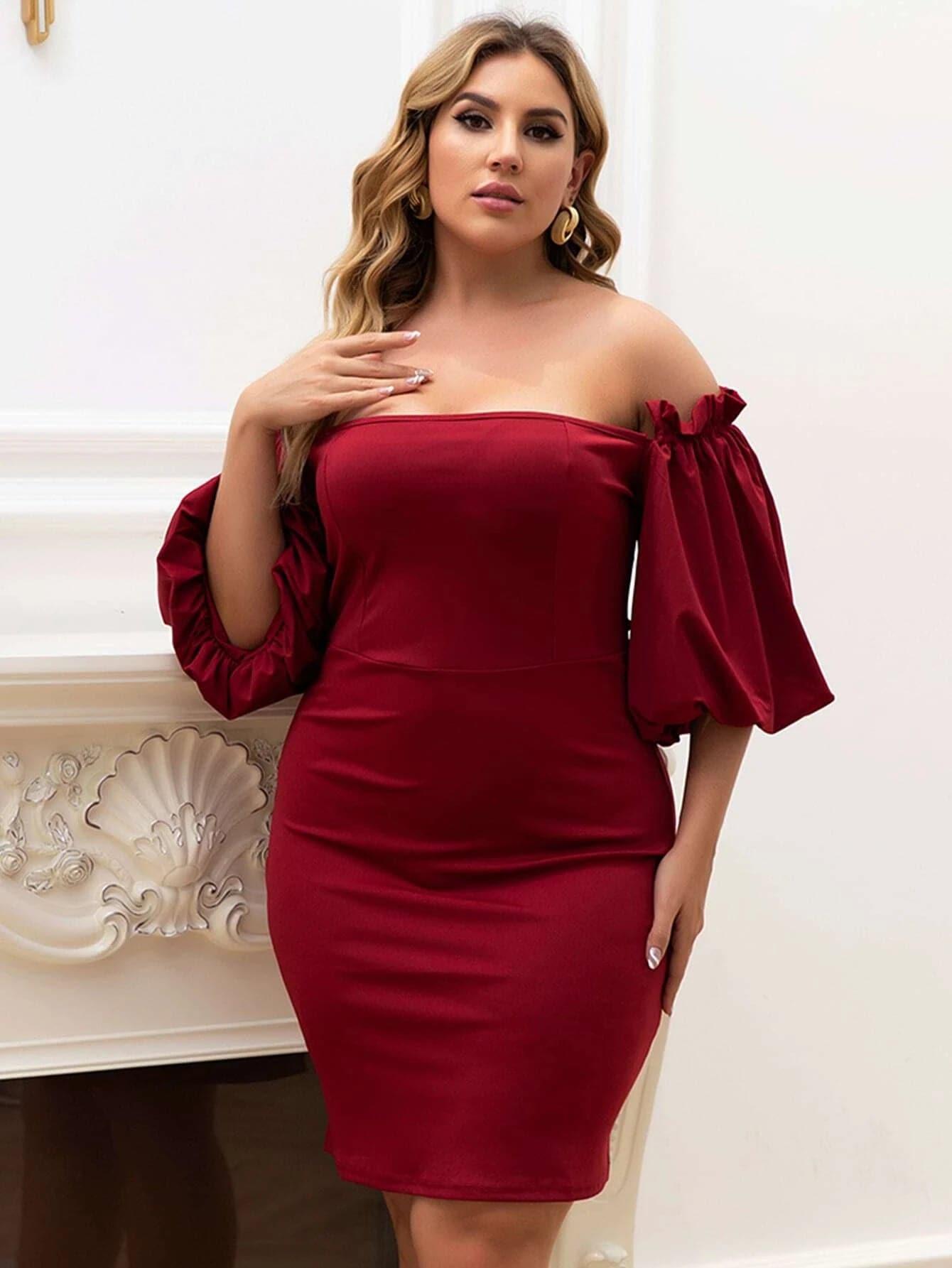 Mini dresses with gathered skirts for a voluminous effect Plus Size Off Shoulder Bishop Sleeve Mini Satin DarkRed Prom Dress P0052 Mini dresses with gathered skirts for a voluminous effect Plus Size Off Shoulder Bishop Sleeve Mini Satin DarkRed Prom Dress P0052