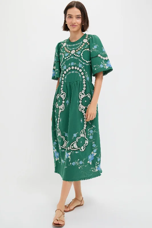 Satin mini dresses for a luxurious feel Green Vesna Embroidery Short Sleeve Dress