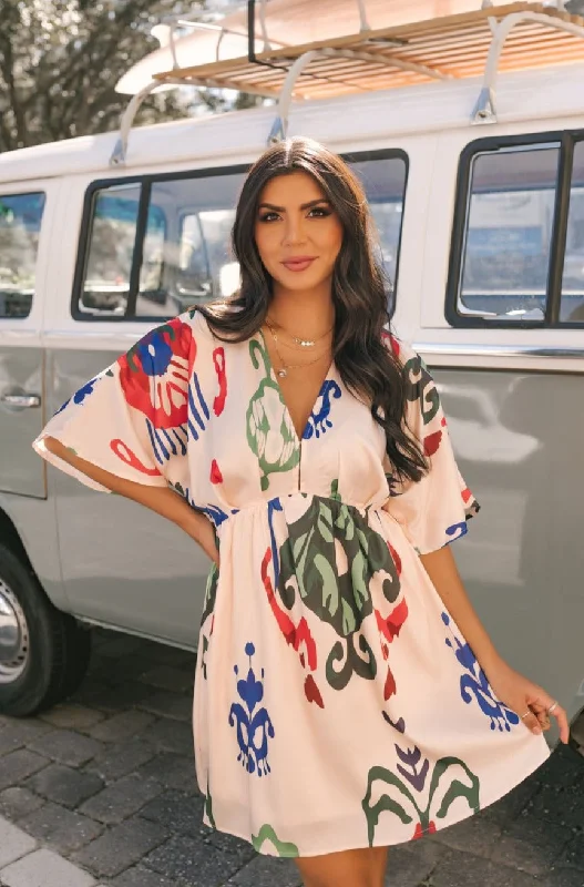 Mini dresses with keyhole necklines Natural Print V Neck Mini Dress