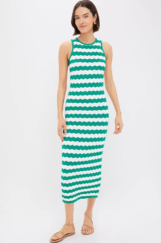 Mini dresses with gathered skirts for a voluminous effect Green & White Wavy Knit Stripe Wilder Dress Mini dresses with gathered skirts for a voluminous effect Green & White Wavy Knit Stripe Wilder Dress