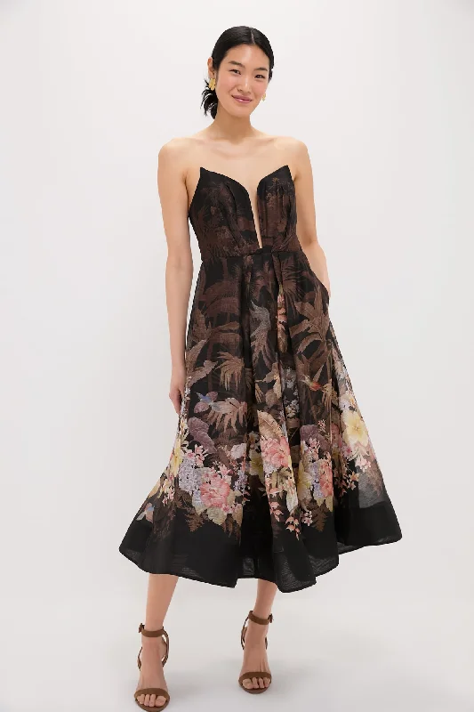 Mini dresses with halter necks for a stylish choice Black Tropical Illuminate Draped Midi Dress