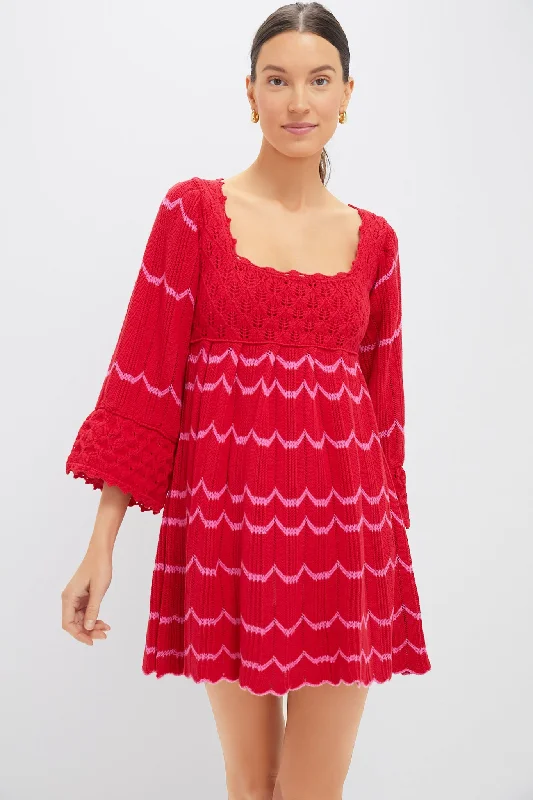 Mini dresses with pom - pom trims for a playful feel Red Crochet Trim Devon Dress