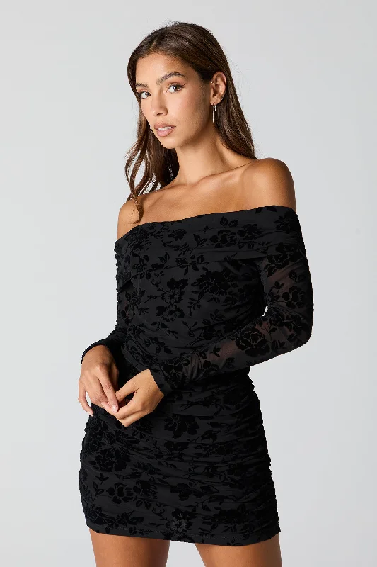 Women jumpsuits with a cinched waist for a defined silhouette Floral Mesh Off Shoulder Long Sleeve Mini Dress Women jumpsuits with a cinched waist for a defined silhouette Floral Mesh Off Shoulder Long Sleeve Mini Dress
