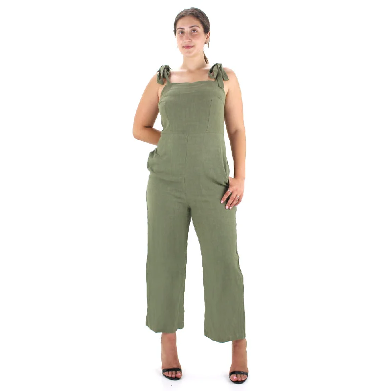 Women jumpsuits with pom - pom trims for a playful and festive look Women's Solid Tie-Strap Jumpsuit,Olive Women jumpsuits with pom - pom trims for a playful and festive look Women's Solid Tie-Strap Jumpsuit,Olive