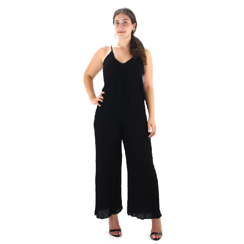 Women jumpsuits with a V - neck for a flattering and elongating effect Women's Ribbed Wide Leg Jumpsuit,Black Women jumpsuits with a V - neck for a flattering and elongating effect Women's Ribbed Wide Leg Jumpsuit,Black