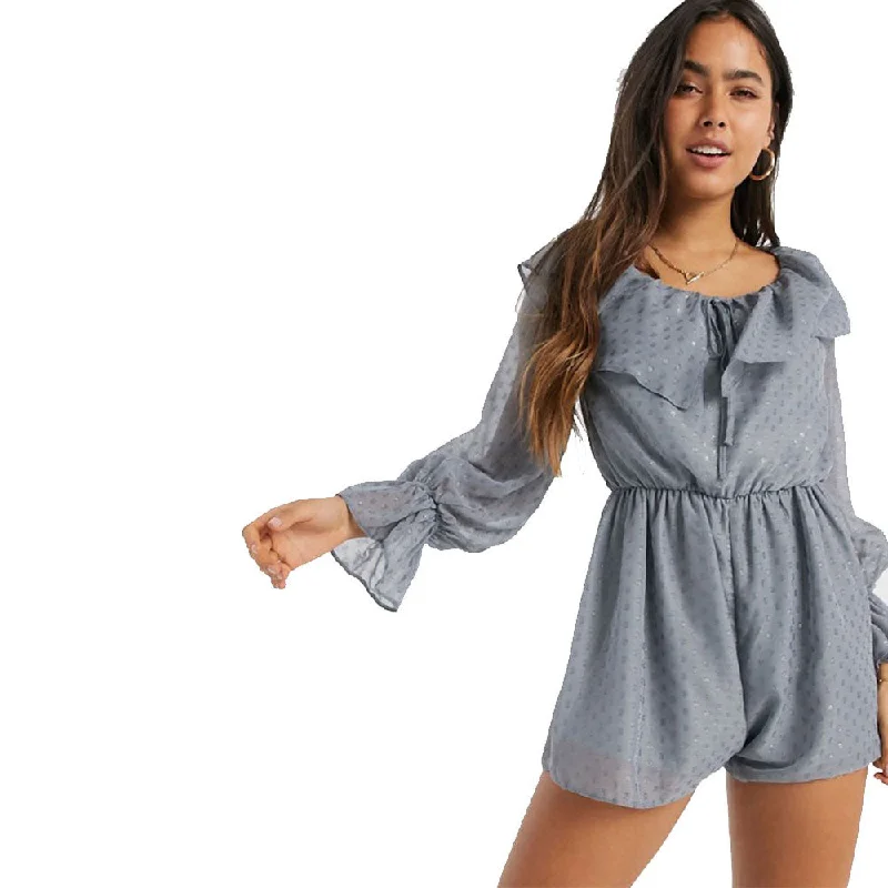 Women jumpsuits with geometric prints for a modern and contemporary aesthetic Women's Ruffled Mesh Open Back Playsuit,Grey Women jumpsuits with geometric prints for a modern and contemporary aesthetic Women's Ruffled Mesh Open Back Playsuit,Grey