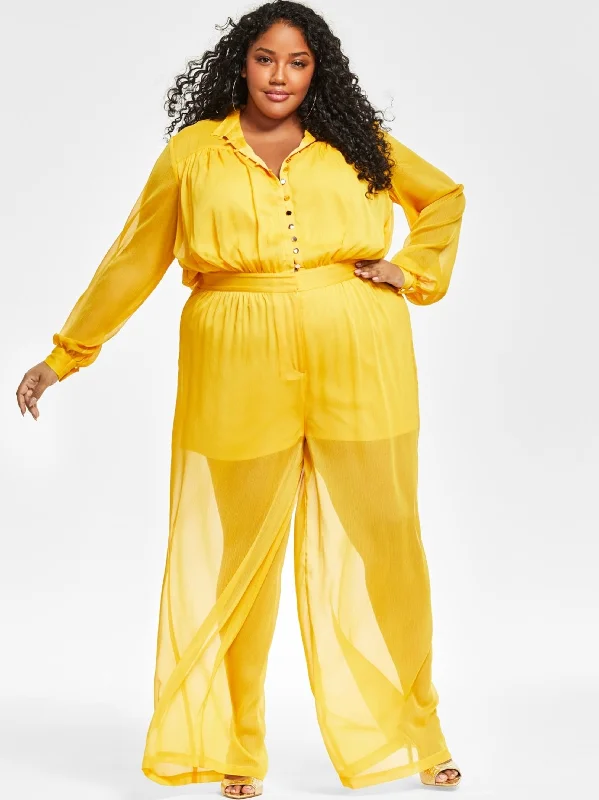 Women jumpsuits with one - shoulder tops for a stylish and asymmetric look Women's Button Front Mesh Jumpsuit,Yellow Women jumpsuits with one - shoulder tops for a stylish and asymmetric look Women's Button Front Mesh Jumpsuit,Yellow