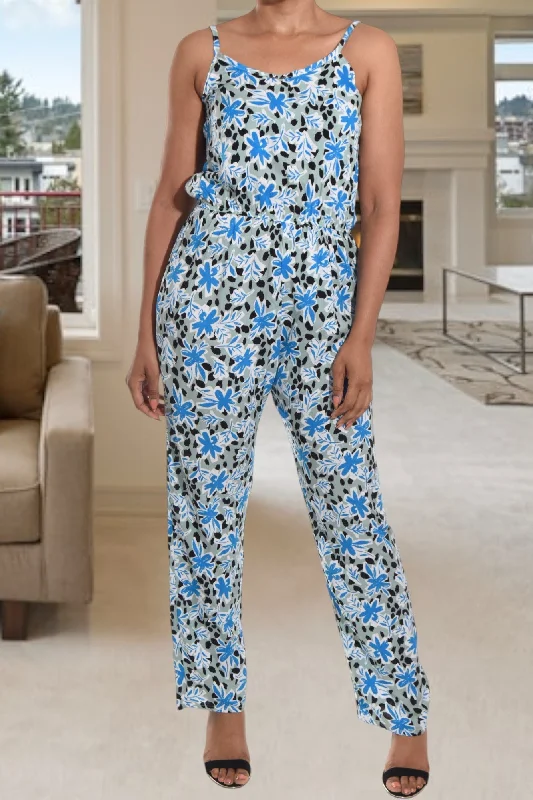Plaid women jumpsuits for fall business casual wear Blue Floral Strappy Jumpsuit