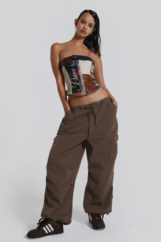 Women's Wide - Leg Denim Cargo Pants in Dark Wash with Distressed Details for a Trendy Appearance Brown Parachute Cargo Pants Women's Wide - Leg Denim Cargo Pants in Dark Wash with Distressed Details for a Trendy Appearance Brown Parachute Cargo Pants