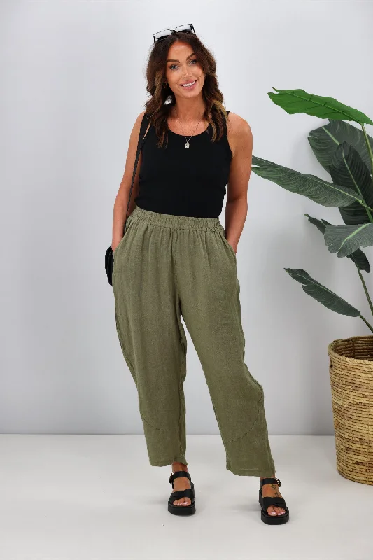 Women's ankle - length tight trousers Cali & Co Linen Pant with Side Pocket Khaki