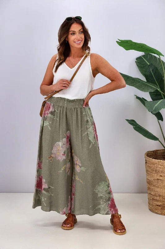 Women's minimalist - design tight trousers Cali & Co Wide Leg Linen Floral Pant Khaki Women's minimalist - design tight trousers Cali & Co Wide Leg Linen Floral Pant Khaki