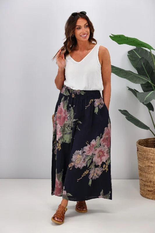 Women's non - stretch full - length tight trousers Cali & Co Wide Leg Linen Floral Pant Navy Women's non - stretch full - length tight trousers Cali & Co Wide Leg Linen Floral Pant Navy