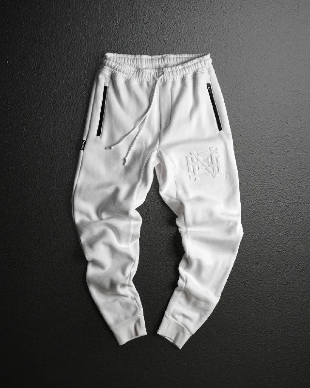 Women's Split - Hem Sweatpants in Burgundy for a Unique and Fashionable Twist EMBOSSED FITTED JOGGERS-WHITE Women's Split - Hem Sweatpants in Burgundy for a Unique and Fashionable Twist EMBOSSED FITTED JOGGERS-WHITE