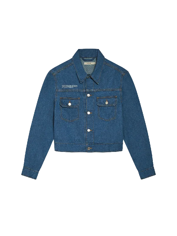 Women's cropped down jackets in bold colors for a sporty and fashionable winter outfit Womens Cropped Hemp Denim Jacket—mid wash Women's cropped down jackets in bold colors for a sporty and fashionable winter outfit Womens Cropped Hemp Denim Jacket—mid wash