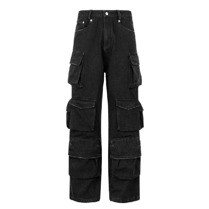 Women's Wide - Leg Denim Cargo Pants in Dark Wash with Distressed Details for a Trendy Appearance High Street Fashionable Multi-Pocket Cargo Pants Women's Wide - Leg Denim Cargo Pants in Dark Wash with Distressed Details for a Trendy Appearance High Street Fashionable Multi-Pocket Cargo Pants