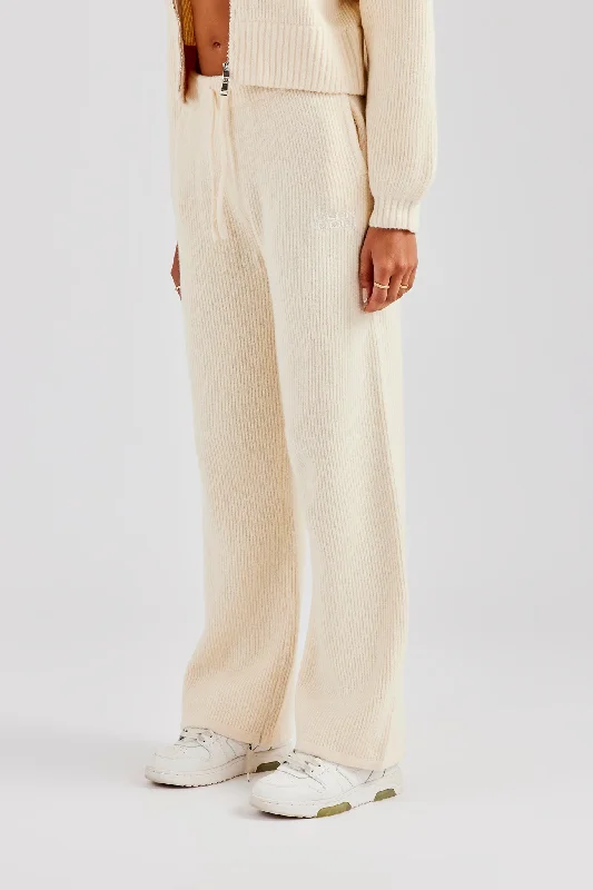 Women's Wide - Leg Sweatpants in Beige with Elastic Cuffs for a Relaxed and Trendy Outfit Knitted Straight Leg Trouser - Oatmeal Women's Wide - Leg Sweatpants in Beige with Elastic Cuffs for a Relaxed and Trendy Outfit Knitted Straight Leg Trouser - Oatmeal