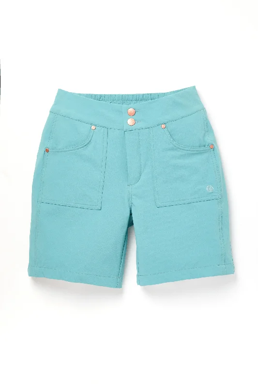 Belted Women Shorts to Enhance the Waistline  Mid Length Trek Shorts - Mineral Blue