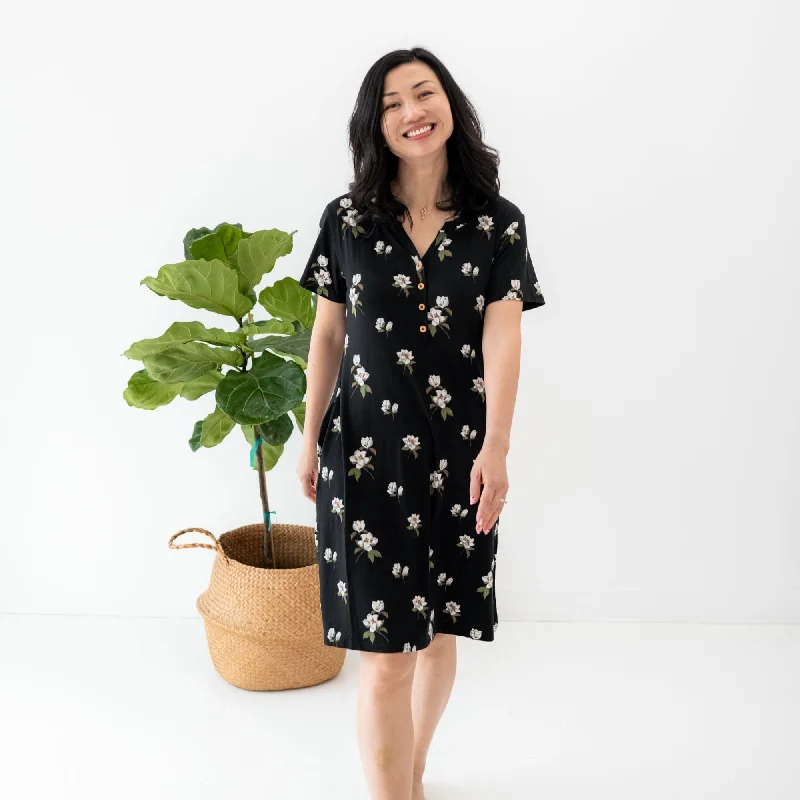 Women jumpsuits with bow - tie details for a sweet and charming appearance Midi Lounge Dress in Big Midnight Magnolia Women jumpsuits with bow - tie details for a sweet and charming appearance Midi Lounge Dress in Big Midnight Magnolia