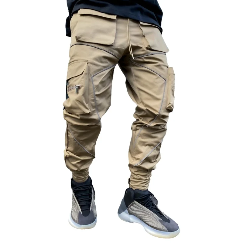 Women's Skinny Fit Leather - Look Cargo Pants in Black for a Bold and Edgy Ensemble Reflective Line Cargo Pants-Khaki Women's Skinny Fit Leather - Look Cargo Pants in Black for a Bold and Edgy Ensemble Reflective Line Cargo Pants-Khaki