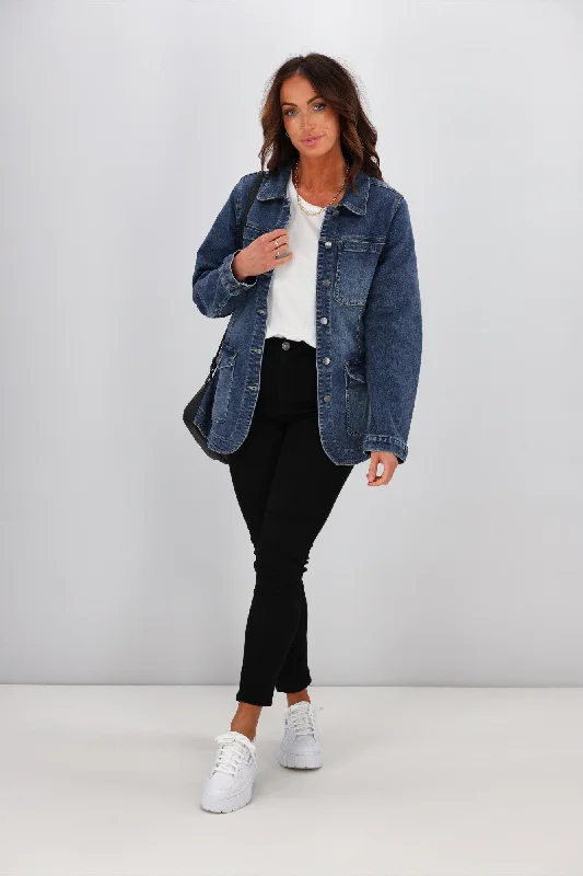 Women's waterproof rain jackets in bright yellow for high - visibility outdoor activities Shine On Label Ezra Denim Utility Jacket Indigo Women's waterproof rain jackets in bright yellow for high - visibility outdoor activities Shine On Label Ezra Denim Utility Jacket Indigo
