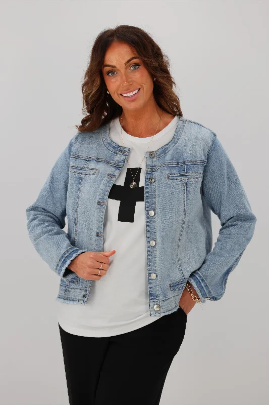 Women's faux fur - trimmed denim jackets for a trendy and cozy style Threadz Collarless Denim Jacket Blue Women's faux fur - trimmed denim jackets for a trendy and cozy style Threadz Collarless Denim Jacket Blue
