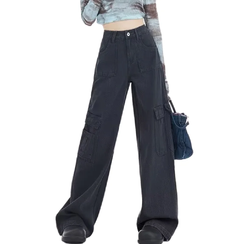 Women's Cargo Jogger Pants in Charcoal with Reflective Stripes for Nighttime Exercises Women's High Street Denim Cargo Pants Women's Cargo Jogger Pants in Charcoal with Reflective Stripes for Nighttime Exercises Women's High Street Denim Cargo Pants