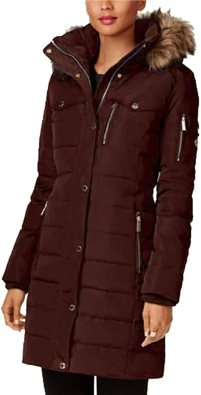 down coat for petite women​ 3/4 Down Puffer Faux Fur Hooded Coat In Chocolate Brown