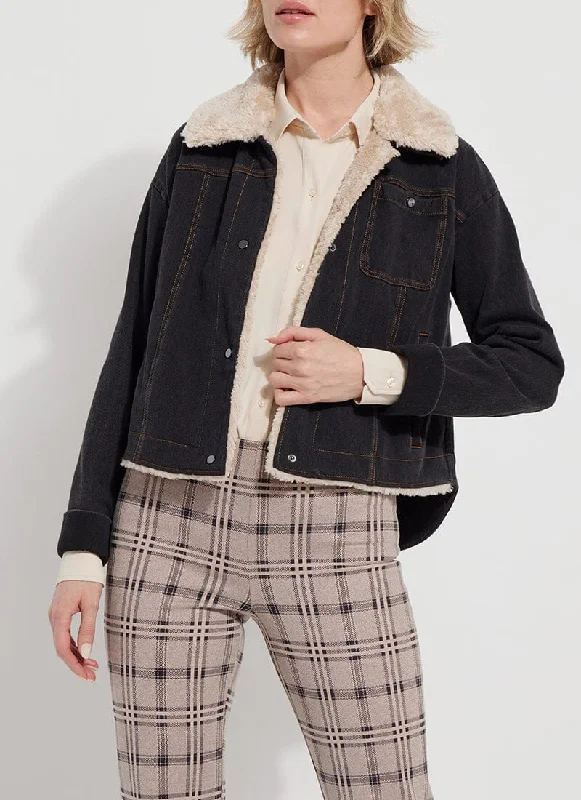Women's denim jackets with a patchwork design for a bohemian and artsy style Andi Denim Jacket w Sherpa Trim Women's denim jackets with a patchwork design for a bohemian and artsy style Andi Denim Jacket w Sherpa Trim