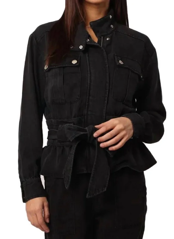 Long - Sleeve Denim Top for Cold Weather Layering Austin Belted Jacket In Black Denim Long - Sleeve Denim Top for Cold Weather Layering Austin Belted Jacket In Black Denim