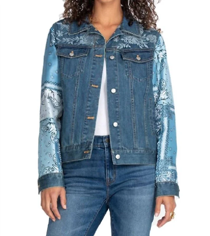 Women's cropped leather jackets with a fringe detail for a western - inspired outfit Bandana Patched Denim Jacket In Multi Women's cropped leather jackets with a fringe detail for a western - inspired outfit Bandana Patched Denim Jacket In Multi