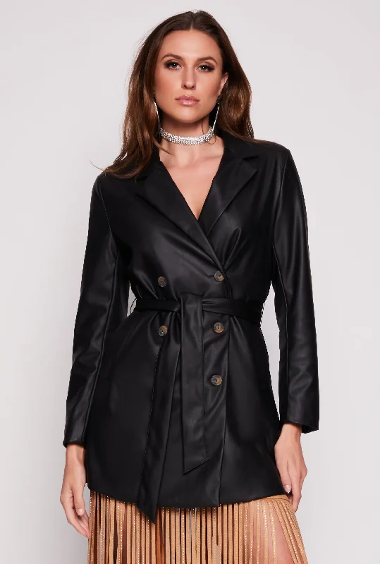 Women's leather leather handbags with a detachable strap Faux Leather Tie Waist Belted Coat
