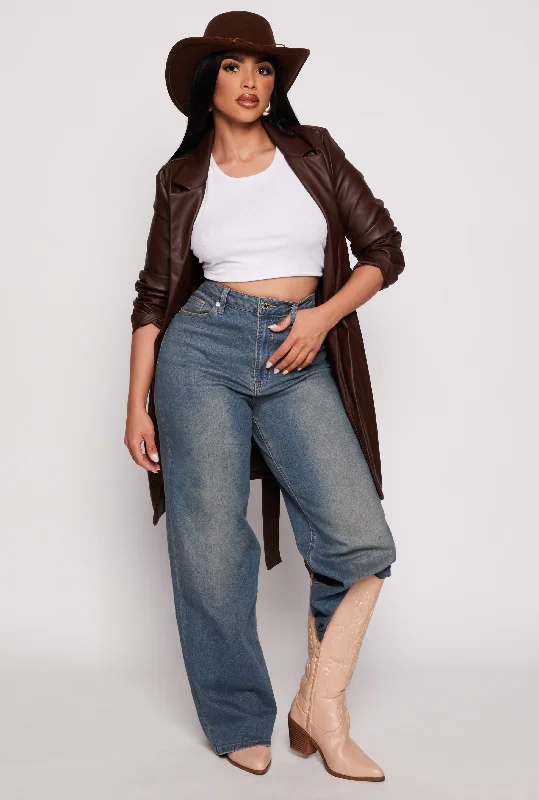 Women's leather leather cowboy hats for a western look Faux Leather Tie Waist Belted Coat
