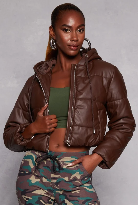 Women's leather leather brooches with a leather base Faux Leather Zip Front Hooded Puffer Jacket Women's leather leather brooches with a leather base Faux Leather Zip Front Hooded Puffer Jacket