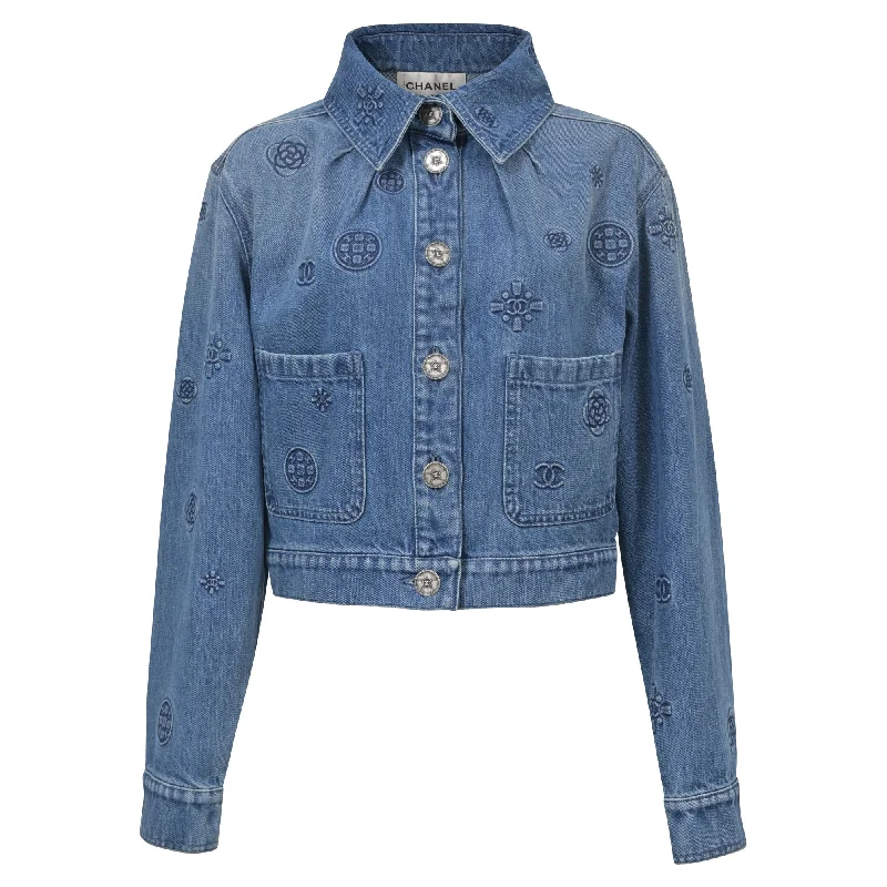 Studded Denim Top for a Glamorous and Bold Style Chanel Logo Detailed Button Front Jacket in Blue Denim Studded Denim Top for a Glamorous and Bold Style Chanel Logo Detailed Button Front Jacket in Blue Denim