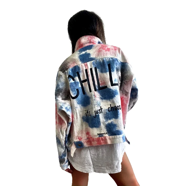 Women's denim jackets with a patchwork design for a bohemian and artsy style 'CHAOS AND CHILL' DENIM JACKET Women's denim jackets with a patchwork design for a bohemian and artsy style 'CHAOS AND CHILL' DENIM JACKET