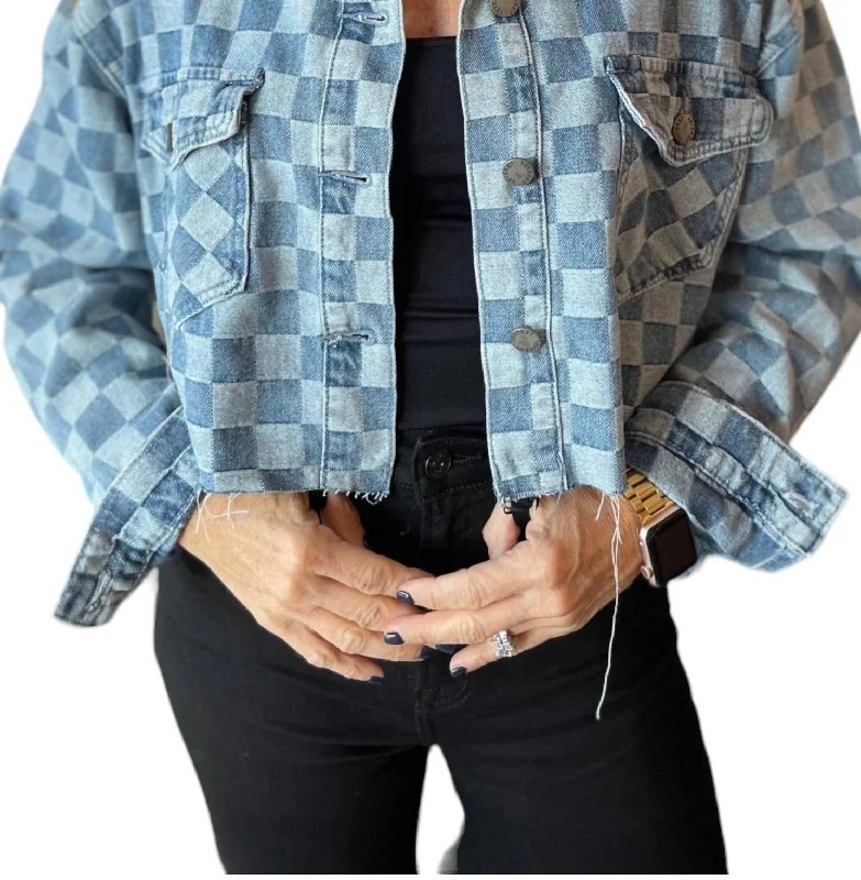 Denim Top with a Metallic Accent for a Shiny Look Checkered Print Denim Crop Jacket In Light Denim Denim Top with a Metallic Accent for a Shiny Look Checkered Print Denim Crop Jacket In Light Denim