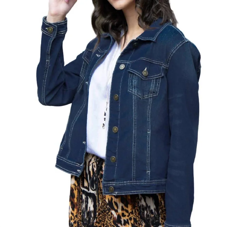 Women's quilted puffer jackets in a cropped silhouette for a modern twist Classic Stretch Denim Jacket In Dark Rinse Women's quilted puffer jackets in a cropped silhouette for a modern twist Classic Stretch Denim Jacket In Dark Rinse