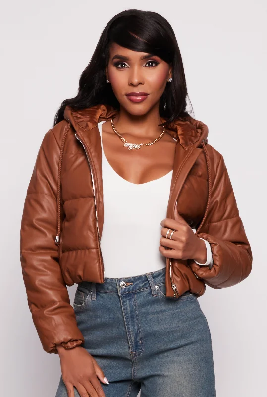 Women's leather leather suspenders for a stylish touch Faux Leather Zip Front Hooded Puffer Jacket Women's leather leather suspenders for a stylish touch Faux Leather Zip Front Hooded Puffer Jacket