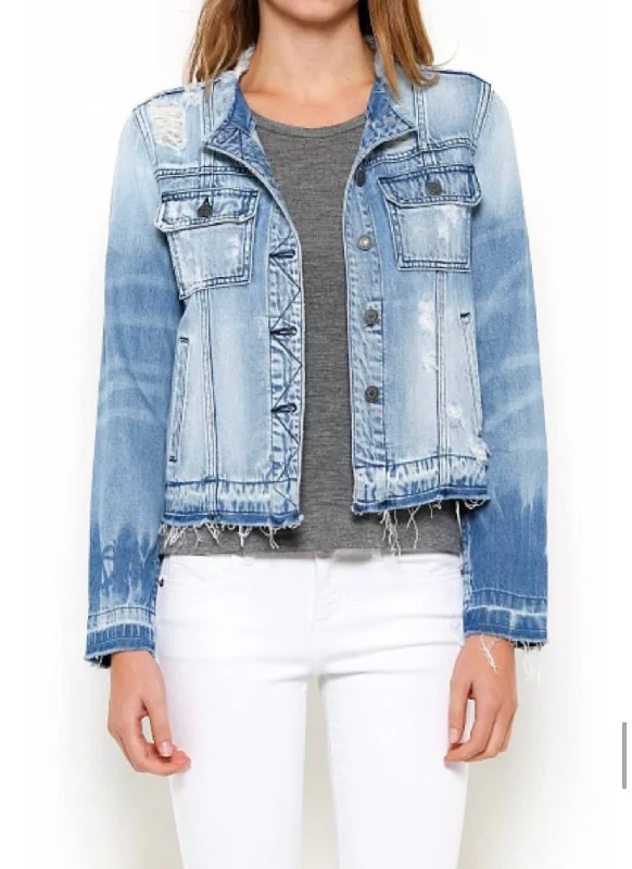 Denim Top with a Floral Print for a Feminine Touch Colette Collarless Jacket In Light Denim Denim Top with a Floral Print for a Feminine Touch Colette Collarless Jacket In Light Denim