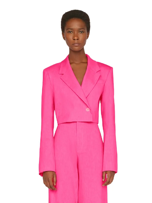 Plus Size Women's Ruffled Blazers in Pink for a Girly and Fashionable Look Cropped Strong Shoulder Blazer - Flamingo Plus Size Women's Ruffled Blazers in Pink for a Girly and Fashionable Look Cropped Strong Shoulder Blazer - Flamingo
